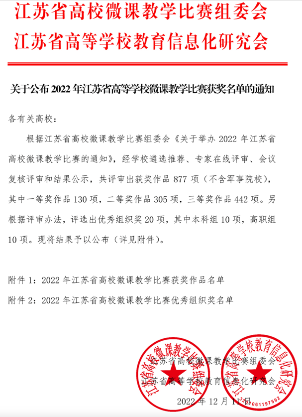 十大网投官方入口荣获2022年江苏省高等学校微课教学比赛...